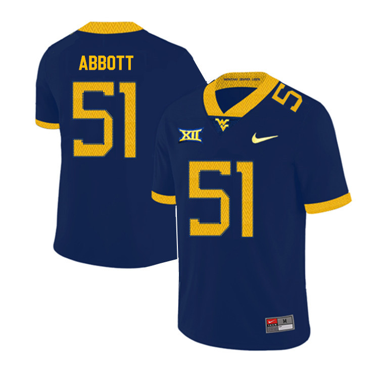 2019 Men #51 Jake Abbott West Virginia Mountaineers College Football Jerseys Sale-Navy